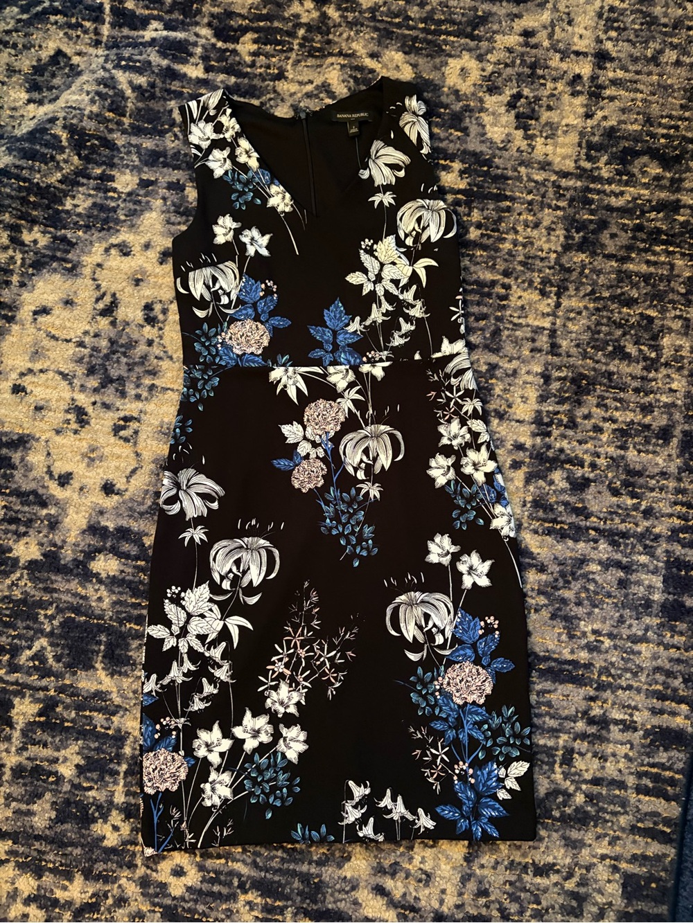 Banana Republic Black Midi Dress with Blue & White Floral Print